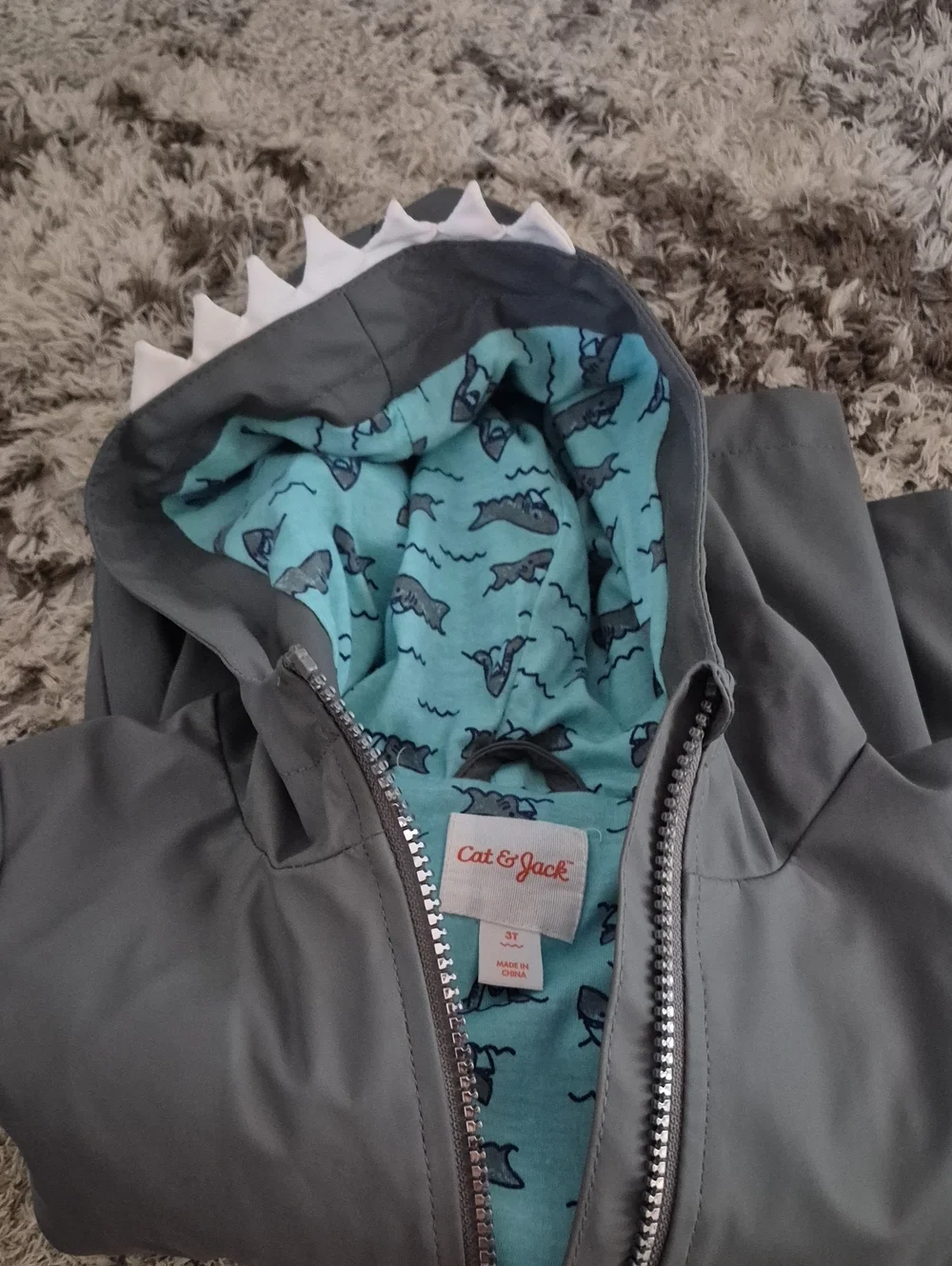 Cat & Jack Gray Hooded Rain Jacket with Aqua Shark Lining